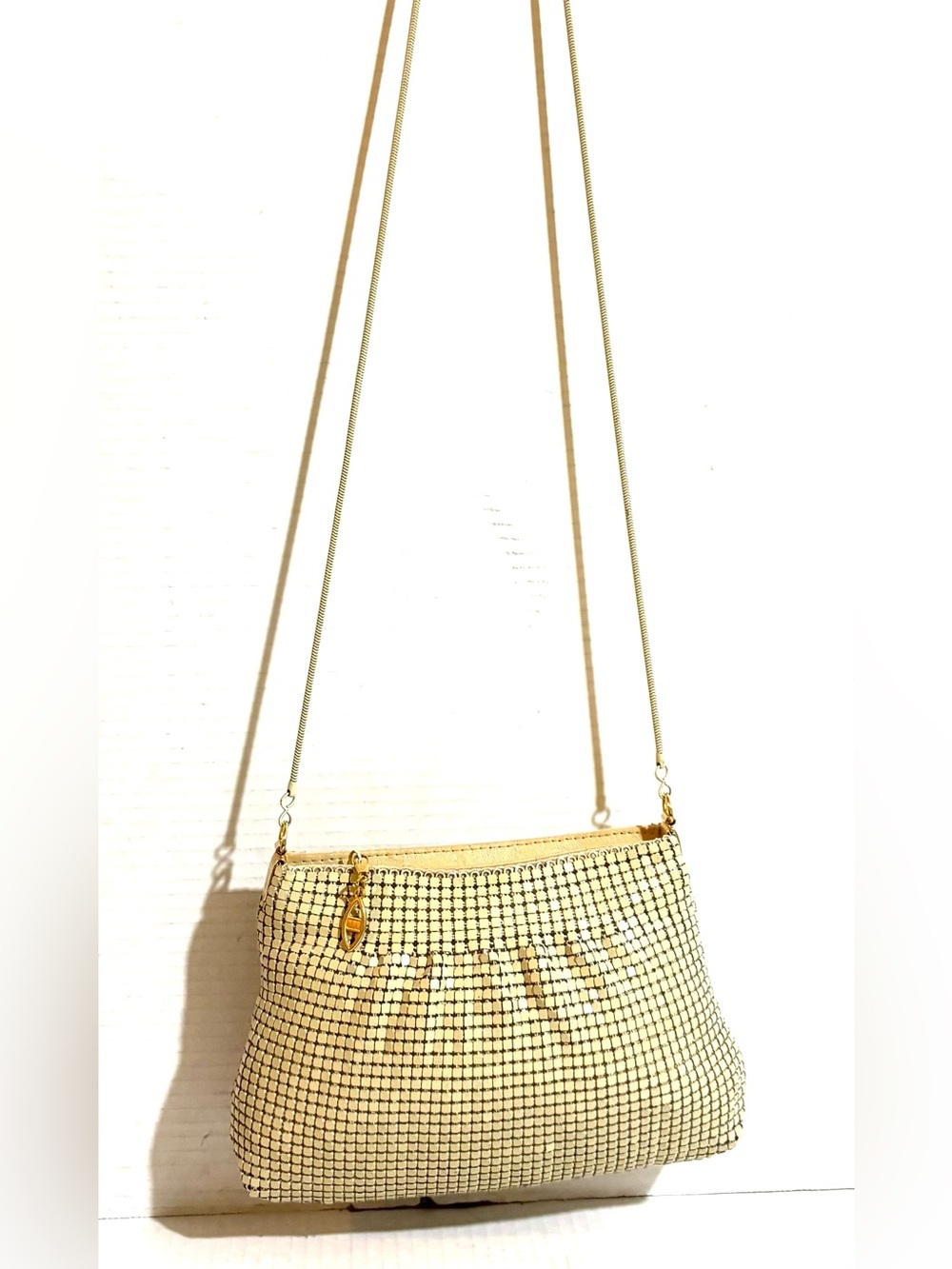 Gold-Accented Ivory Grid Crossbody Bag